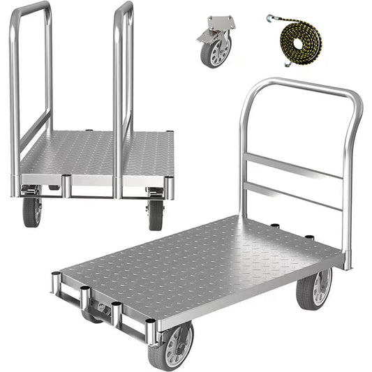 Foldable Panel Push Cart Dolly,2IN1 Steel Plate Platform Truck,36"×24" Heavy Duty Moving Hand Truck Flatbed Cart,2200LBS Capacity with 6.5'' Swivel Wheels,Detachable Fence 1Front and 2Side Handles