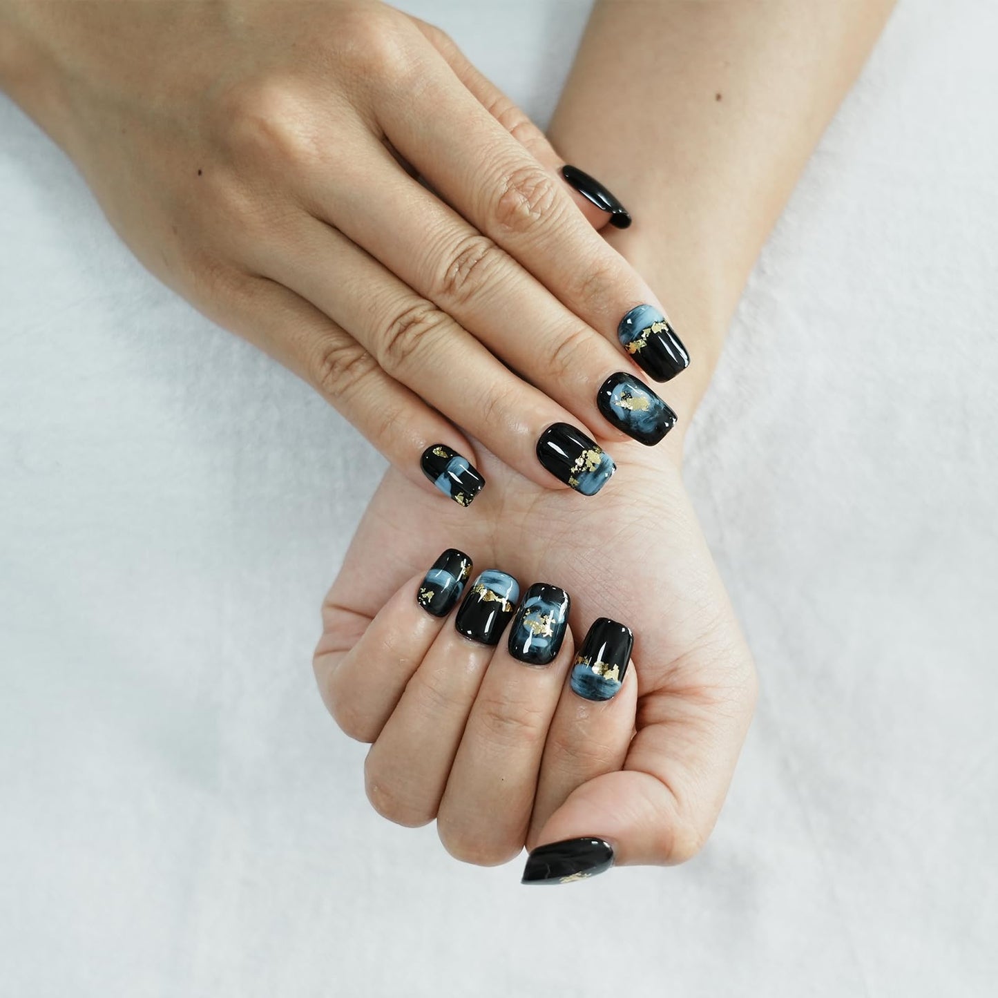 Tesytto Short Coffin Press on Nails - Handmade Black Fake Nails with Blue Ombre Glitter Gold Foil Design, High Gloss Acrylic Nails for Women, Party, Daily Wear (Playful Doodle,S)
