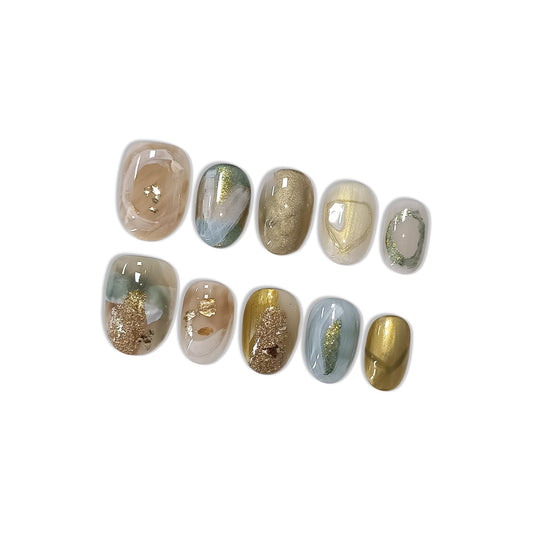 Hantyer Golden Ombre Press on Nails with 3D Glitter Flakes & Gold Foil, Short Oval Glossy Soft Glam Fake Nails, Reusable Elegant False Nails for Women Fall Winter Season Party, Size XS