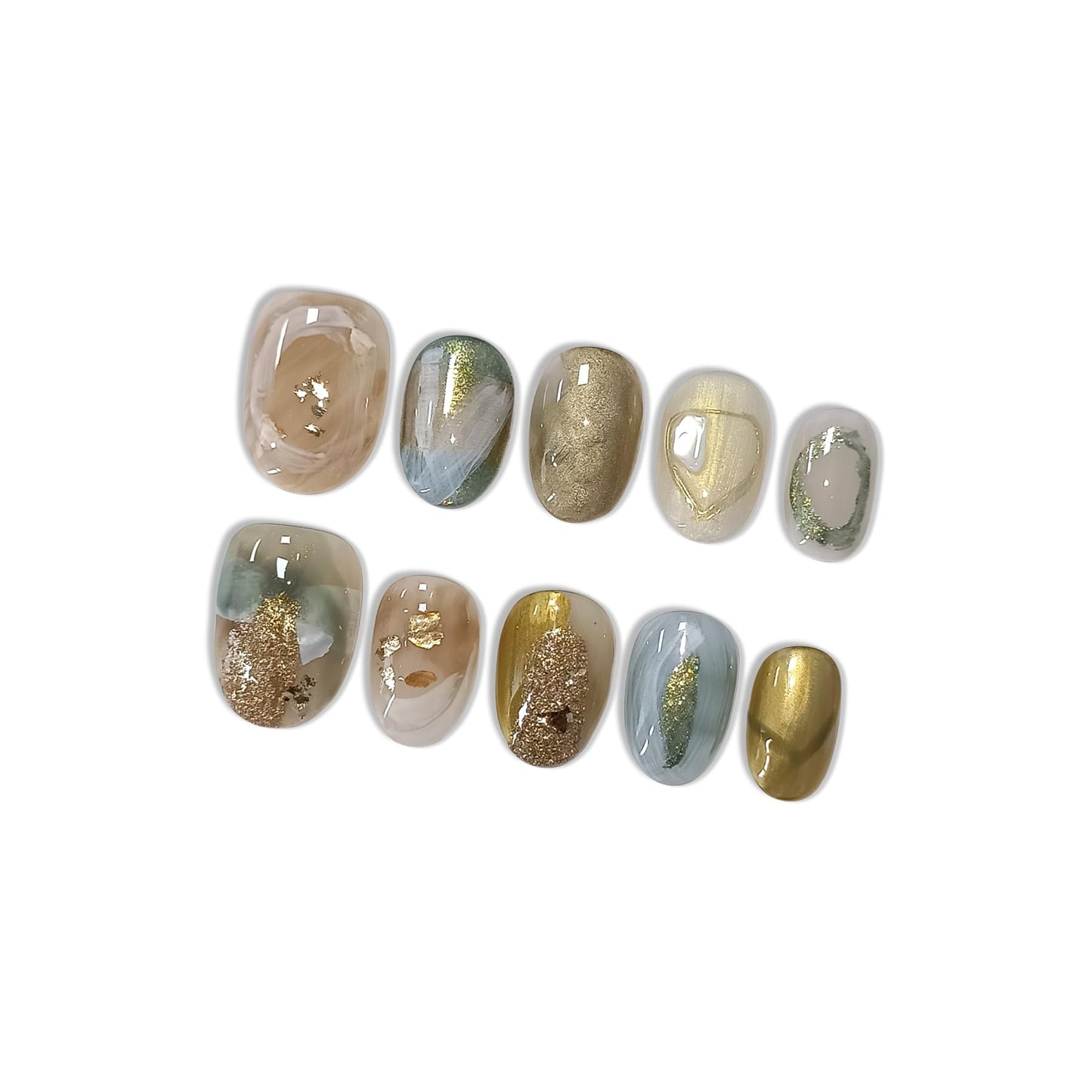 Hantyer Golden Ombre Press on Nails with 3D Glitter Flakes & Gold Foil, Short Oval Glossy Soft Glam Fake Nails, Reusable Elegant False Nails for Women Fall Winter Season Party, Size S
