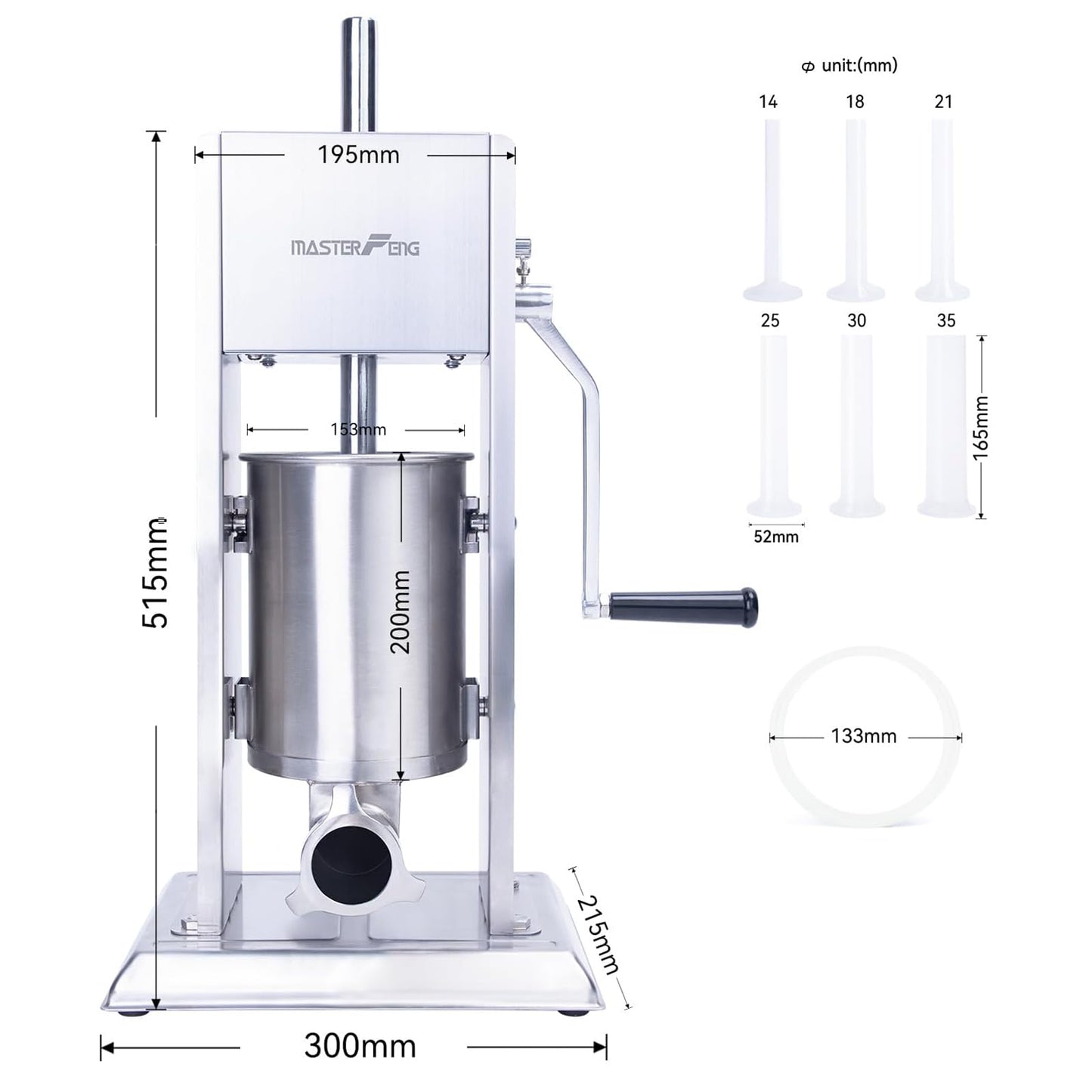 MASTER FENG Stainless Steel Sausage Stuffer, Manual 3L Capacity, Homemade Vertical Sausage Maker Two Speed Meat Filling Machine