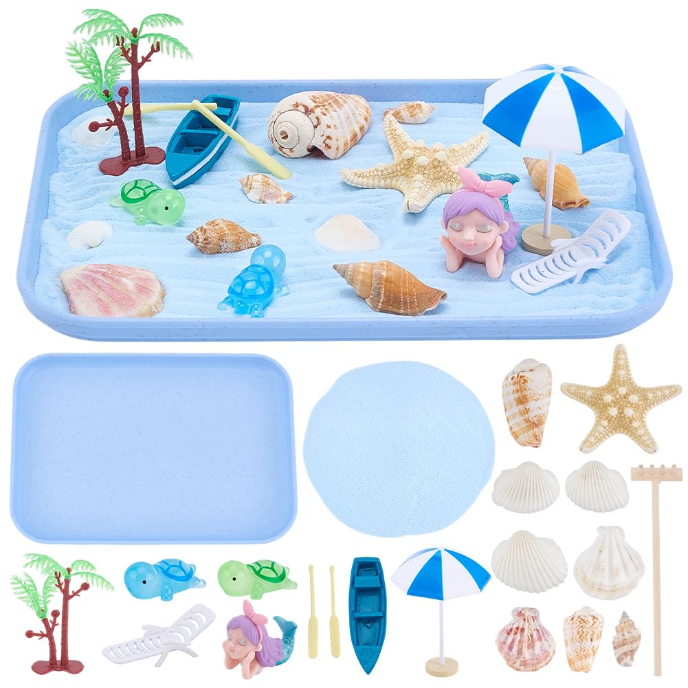 WEBEEDY Ocean Themed Desktop Zen Garden Kit Meditation Decor,Mini Japanese Sandbox Miniature Beach Zen Garden Sand Tray with Shells Starfish Conch Mermaid Ornaments Therapy Office Decor,9.4x6.8inch