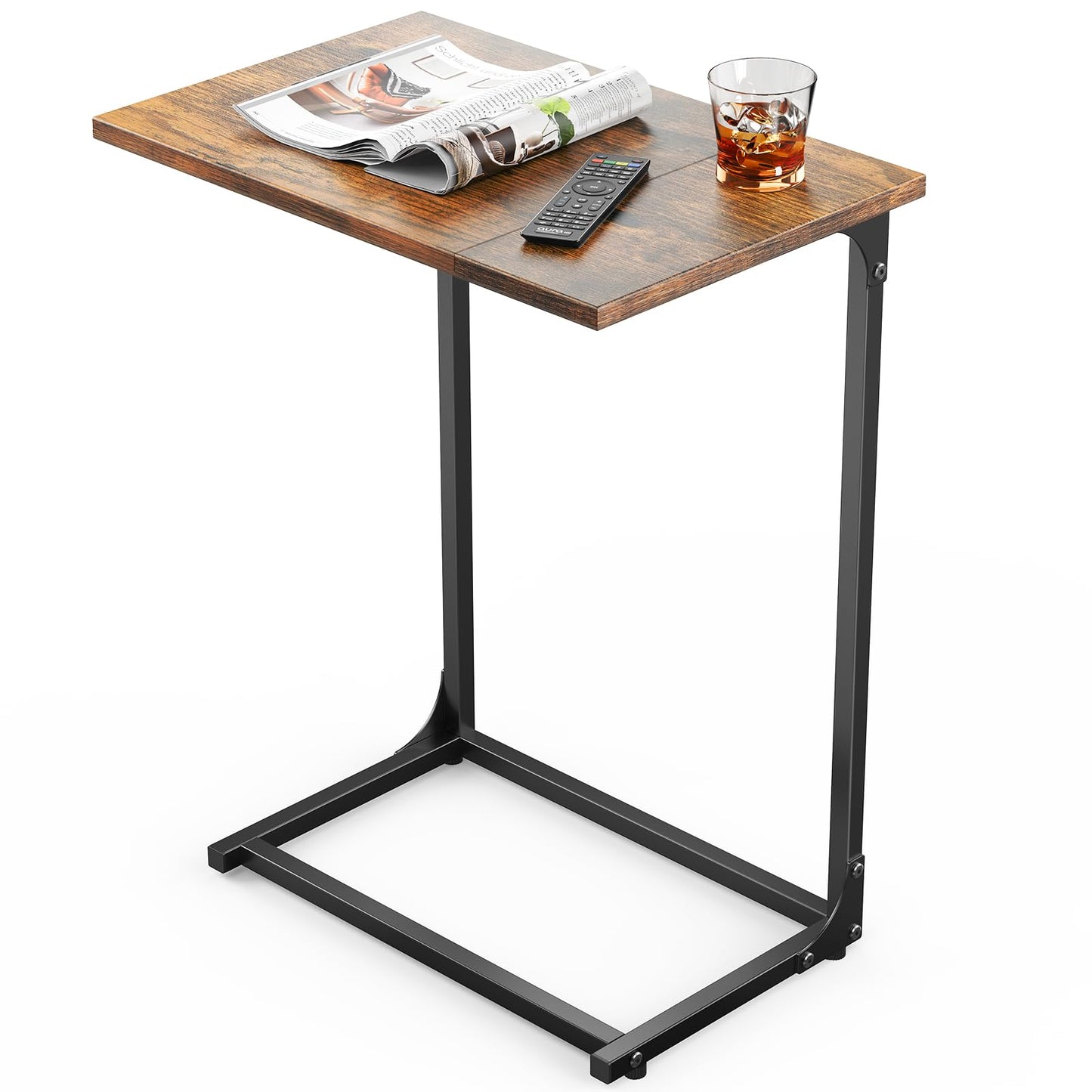 Pipishell C-Shaped Side Table, C Table for Sofa with Two-Piece Desktop & Metal Frame, Large Surface End Table for Living Room, Bedroom, Bedside, Rustic Design