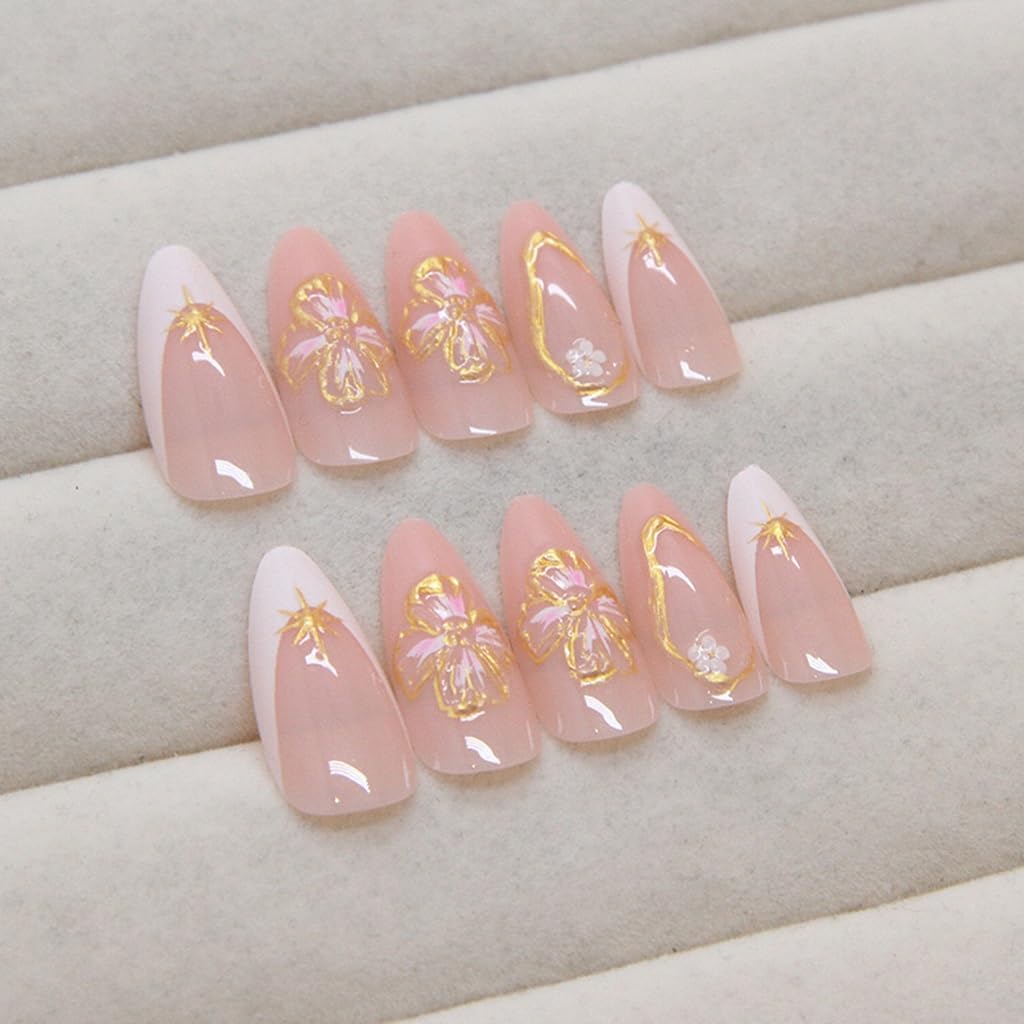 Medium Press on Nails Almond - White French Tip Fake Nails with Flower Design - Gold Stripes Stick on False Nails for Women 24 Pcs