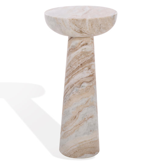 SAFAVIEH Couture Collection – Glendale White & Brown Round Marble Accent Table, Stone Pedestal Side Table, Modern Sculptural Design (SFV9766A)