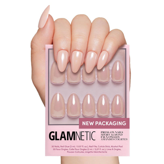 Glamnetic Press On Nails - Los Angeles | Solid Opaque Blush Nude Pink Short Almond Fake Nails in Glazed Finish, Salon Quality | 15 Sizes - 30 Nail Kit with Glue