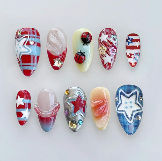 24Pcs 4th of July Press on Nails Medium Almond French Tip Fake Nails American Flag with Red White Blue Press Ons Cute Y2k Design Independence Day False Nails Patriotic Glue on Nails for Women Acrylic