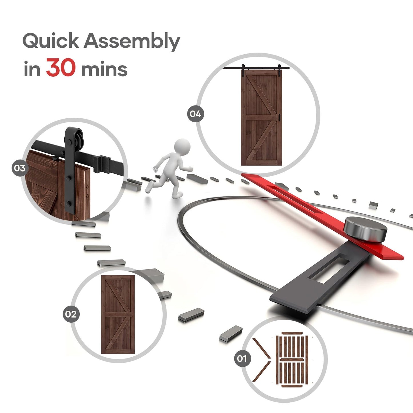 ROYMELO 36x96 inch Sliding Barn Wood Door Slab with 6.6ft Hardware Kit and Handle, Coffee, K Shape, Simple DIY Assembly