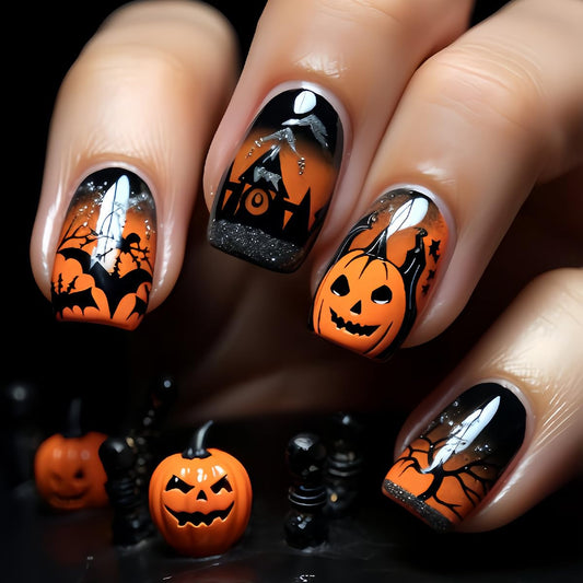 Halloween Orange Press on Nails Short Square Fake Nails Evil Pumpkin Gradient Full Cover Stick on Nails with Designs Reusable Halloween Nails Press ons Castle Black Acrylic Nails for Women