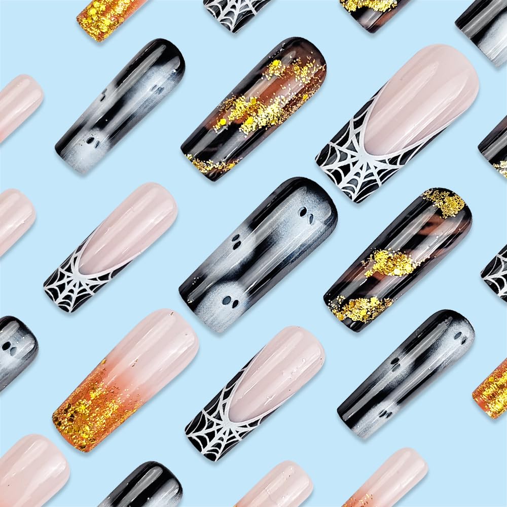 Halloween Press on Nails Long Square Fake Nails Cute White Ghost False Nails with Designs Spider Web Glue on Nails Long Coffin Acrylic Nail Glitter French Tip Glossy Stick on Nail for Women 24 Pcs