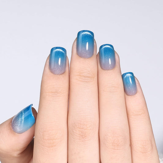 Blue Cat Eye Press On Nails - Short Square Ombre Press Ons for Women Fake Nails with Glue, Glossy Reusable Glue on Nail in 15 Sizes - 30pcs