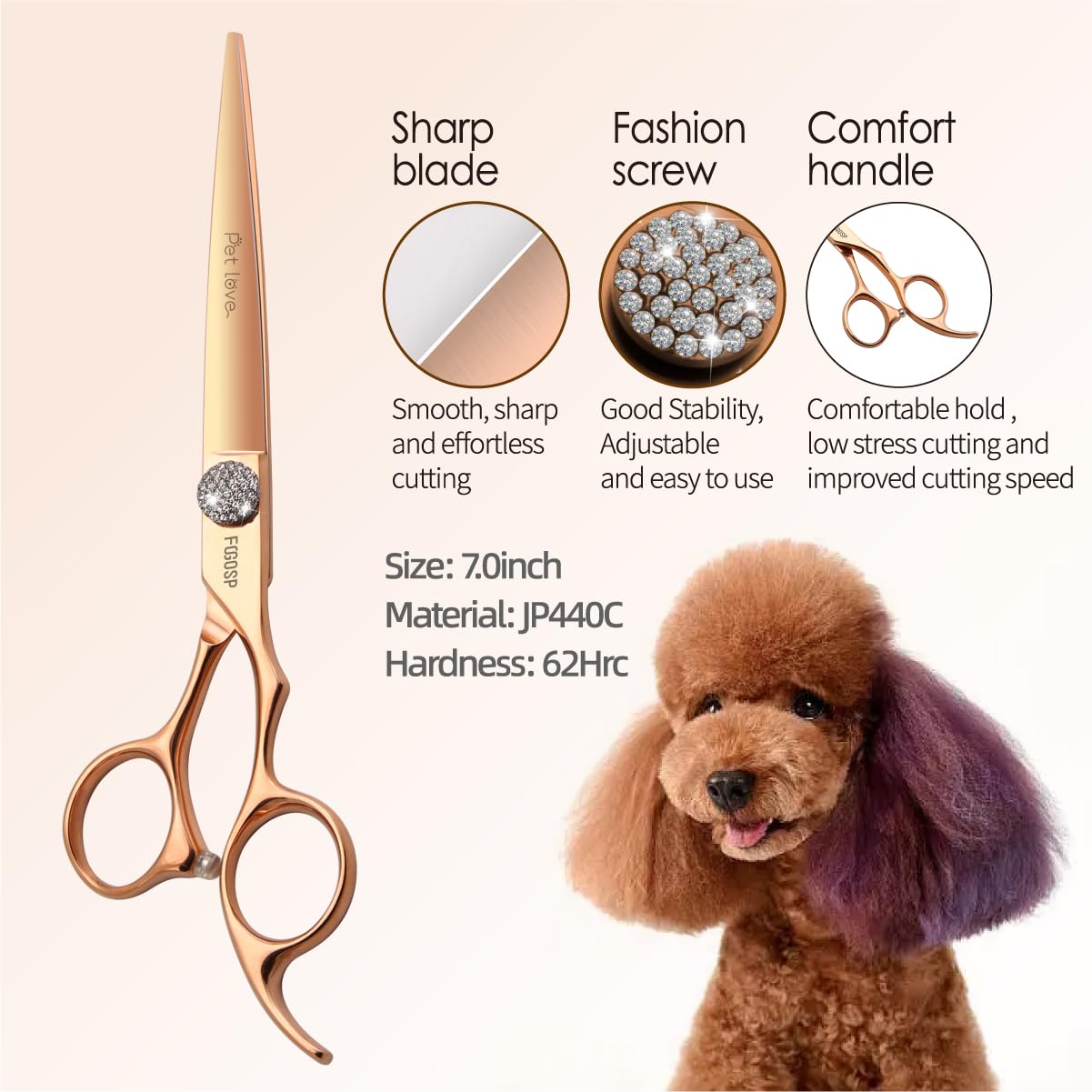 FOGOSP 7'' Dog Grooming Scissors Set Rose Gold Titanium 4PCS Curved Thinning Straight Chunkers Shears Kit with White Artificial Diamonds Ergonomic Offset Handle Japan 440C Sharp and Durable