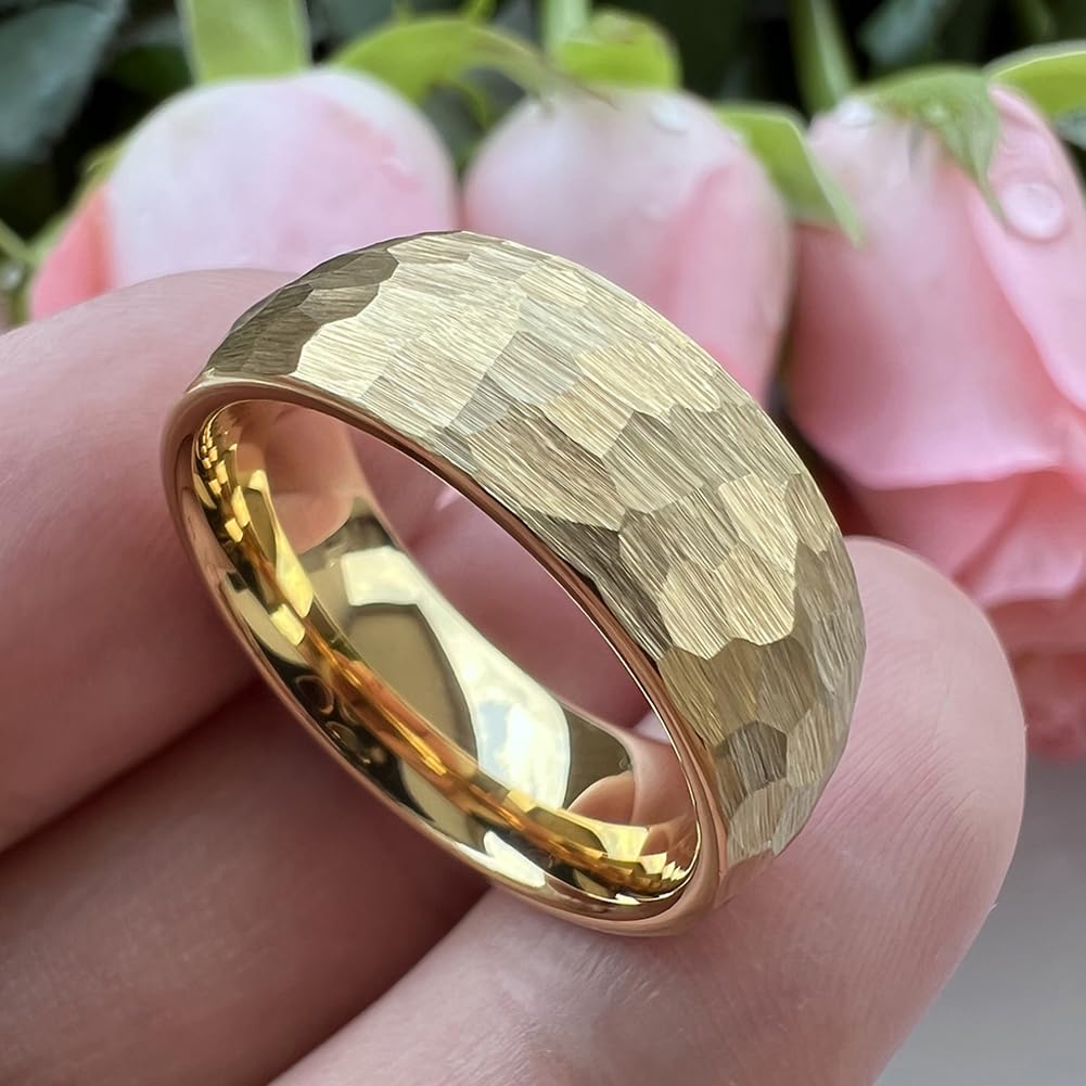 TUTISS 8mm Gold Hammered Tungsten Rings for Men Women Engagement Wedding Bands Domed I Love You Engraved Comfort Fit Size 7