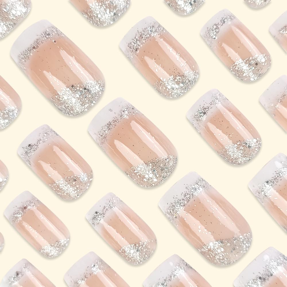 Square Press on Nails Medium French Tips Fake Nails Silver Glitter Acrylic Nails Press ons White Ombre Glue on Nail Shiny Stick on Nail Nude False Nails for Women Girls Nails Decoration 24Pcs