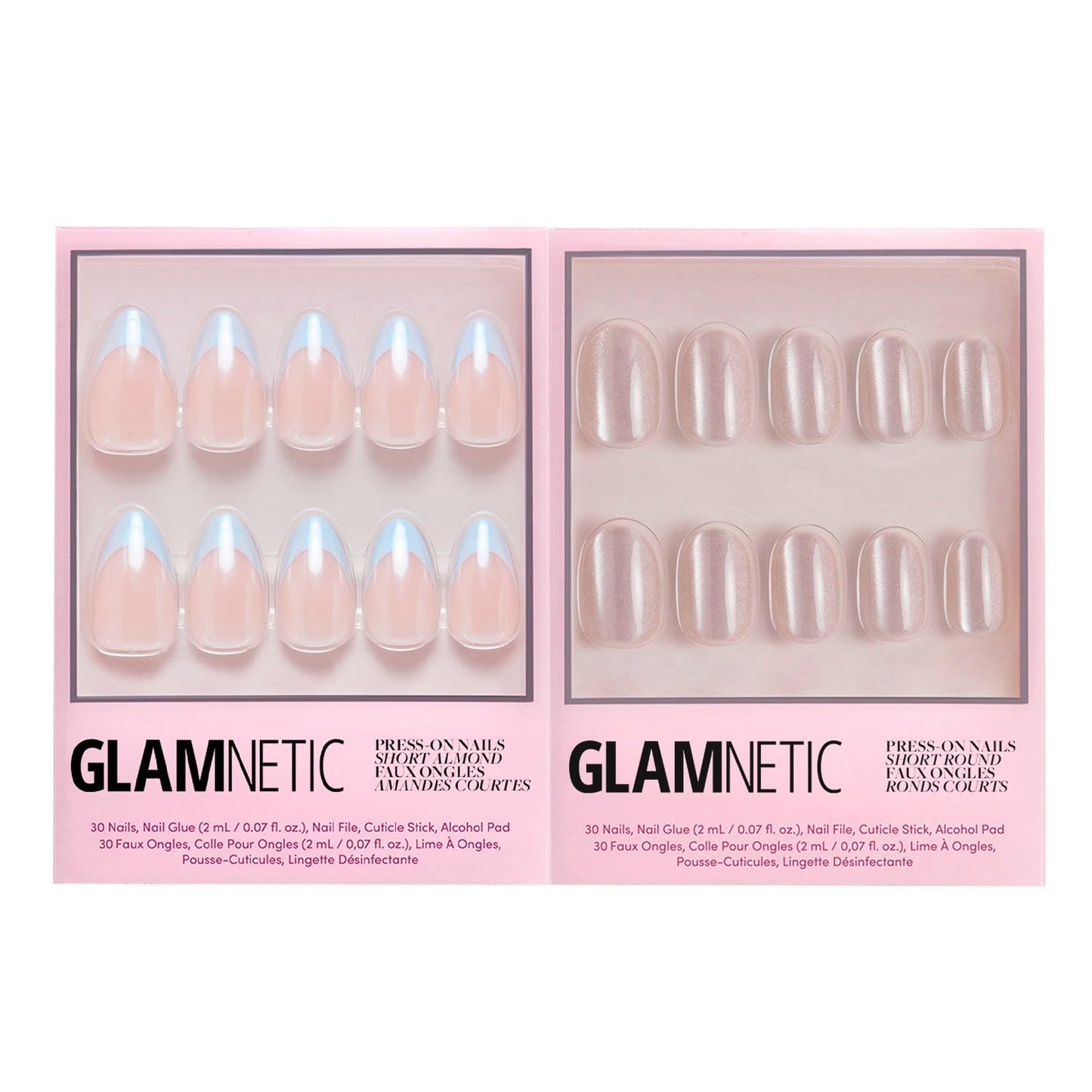 Glamnetic Press-On Nails Bundle - Blueberry Icing & Pure Intentions | Short Almond Baby Blue French Tips with a Glazed Finish | Iridescent Short Round False Nails | Reusable, Salon-Quality Nail Kits
