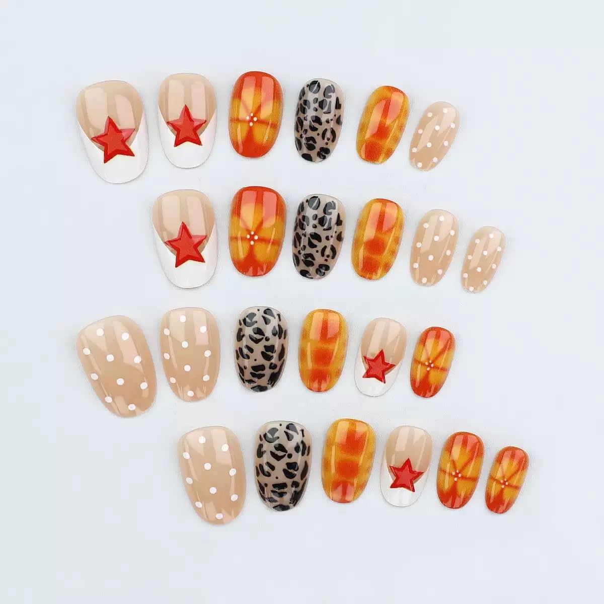 CTTHNBD Short Press on Nails - Oval Fake Nails with Star Polka Dot Design - Leopard Print, French Tip False Nails for Women - 24 Pcs