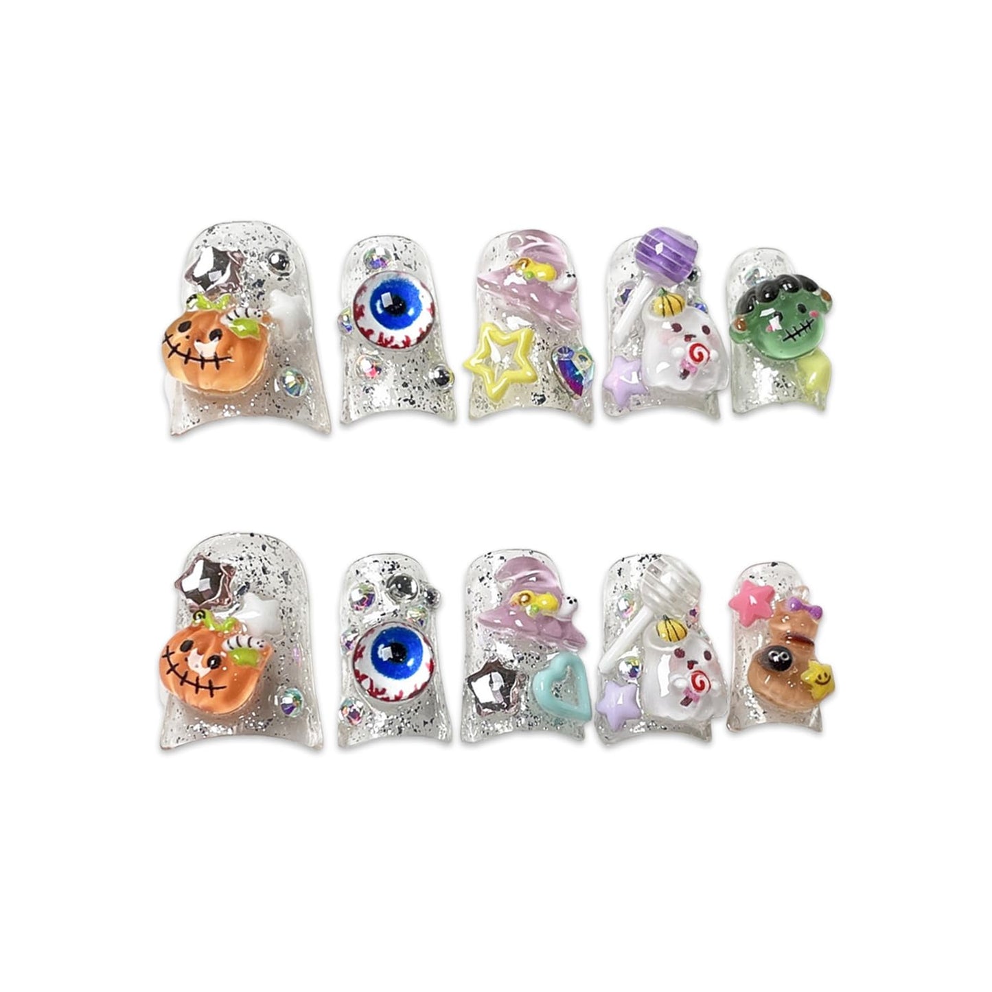 Cute Halloween Press on Nails Short Duck Stick on Nail 3D Unique Reusable Luxury Handmade Fake Nails with Little Ghost & Pumpkin Designs Glossy White Glue on Nail Thick Acrylic Nails for Women（Size M)