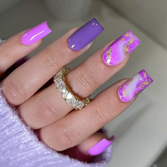 CTTHNBD Long Press on Nails Square - Purple Fake Nails with Gold Glitter Design - Ombre Full Cover Stick on False Nails for Women 24 Pcs