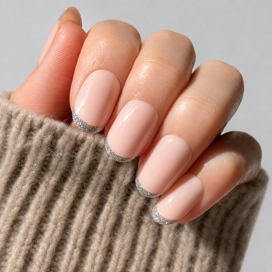 PaintLab Press On Nails - Silver French Tip Glitter Oval Fake Nails, 30 Nails in 15 Sizes with Glue, Reusable Salon Quality Press On Nails