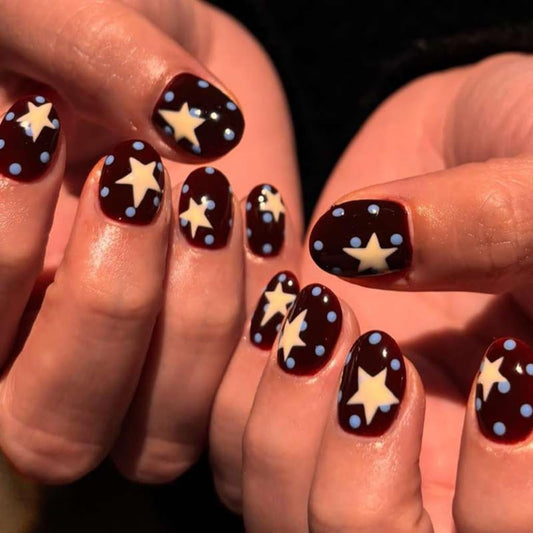 CTTHNBD Short Press on Nails Round - Dark Blue Fake Nails with Star Spot Design - Independence Day False Nails for Women - 24 Pcs