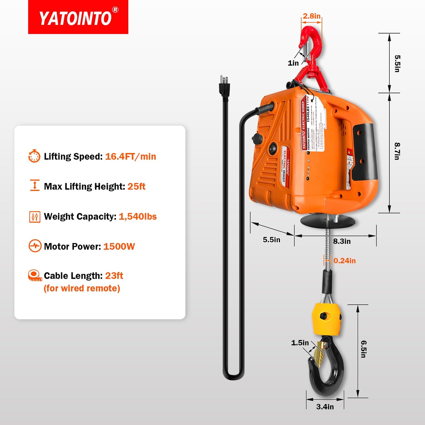 YATOINTO 3-in-1 Electric Hoist Winch, 1540 lbs Lift Capacity, Portable 120V Power Crane with Wired & Wireless Remote, 25 ft Lifting Height, Overload Protection for Towing & Lifting