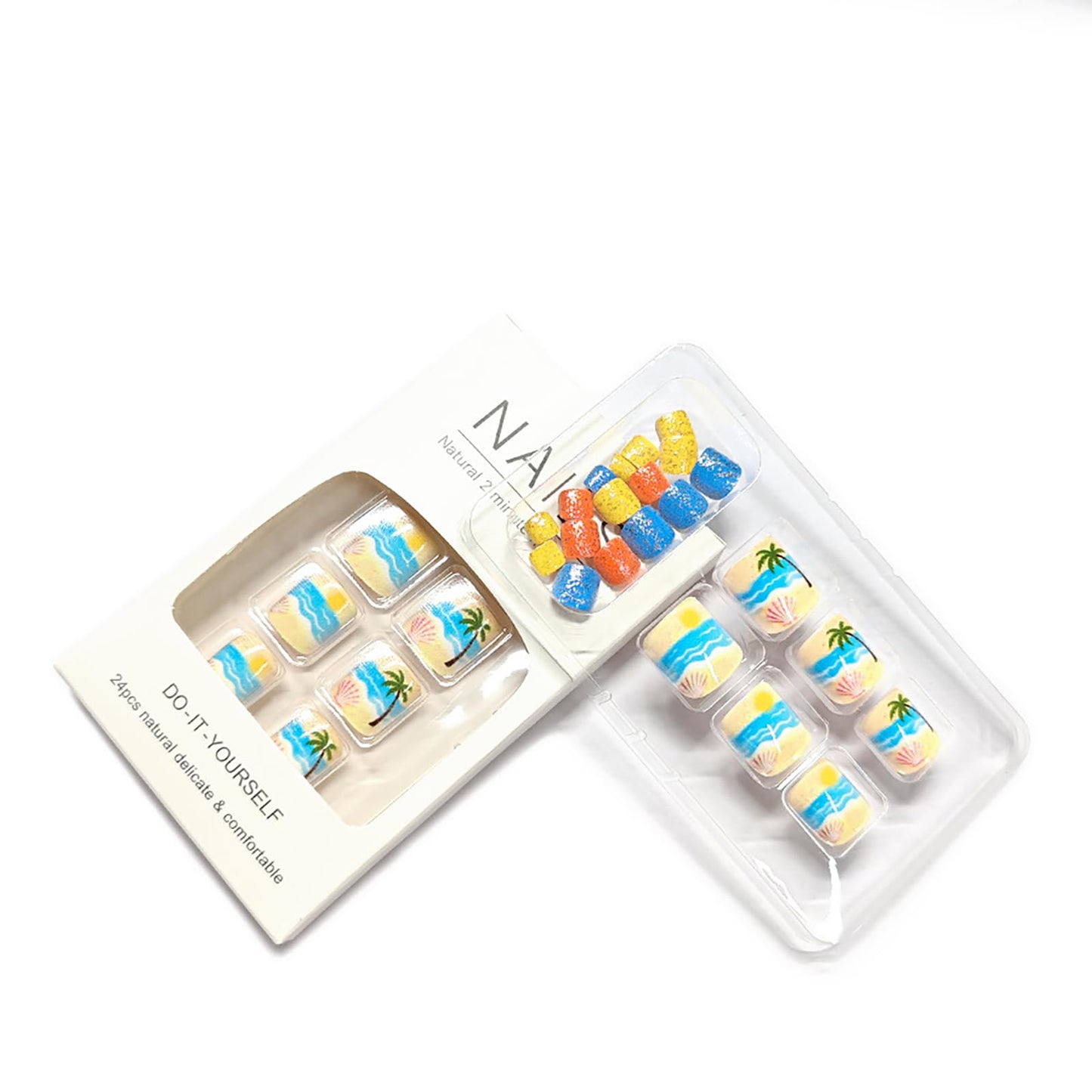 Summer Beach Press on Toenails,Short Square Fake Toenails with Coconut Trees Shells Designs Colorful Glitter Toe Nail Press Ons Full Cover Acrylic Glossy Stick on Toe Nails for Women 24Pcs