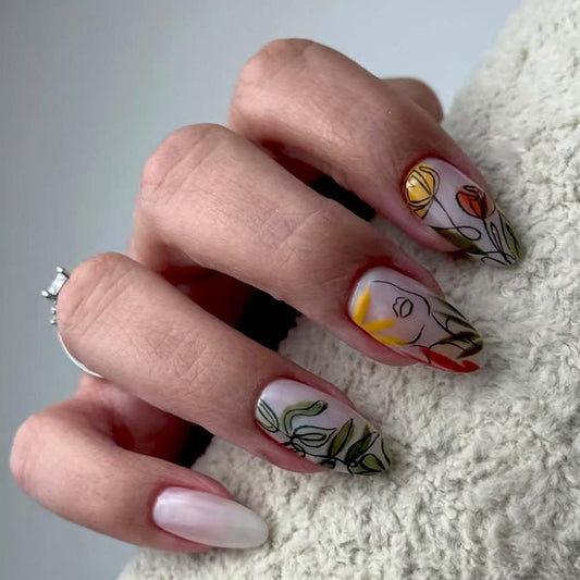 LINMEIZAI 24 Pcs French Press on Nails Short Almond Y2K Fake Nails Press ons Nail Tips Glue on Nails Acrylic Nail Kit with Floral Abstract Line Art Design False Nails Stickers Nail Art for Women