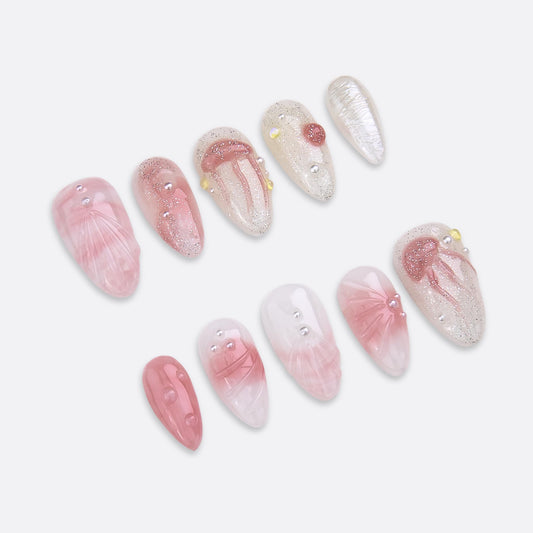 SIYOU Beauty | Seashell Pearl | Pink and White Pearl Short Almond Press On Nails for Women (Large) - Reusable, Salon-Quality Fake Nails (10pc)
