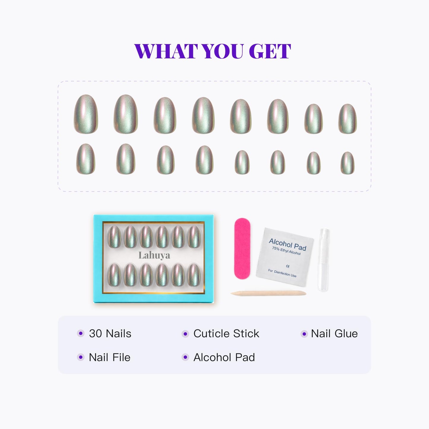 Lahuya Press On Nails - Aurora Pearl | Nail Artist Designed Short Oval Fake Nails with Iridescent Pearl Chrome Finish, Glossy Finish, Salon Quality | 15 Sizes - 30 Nail Kit with Glue