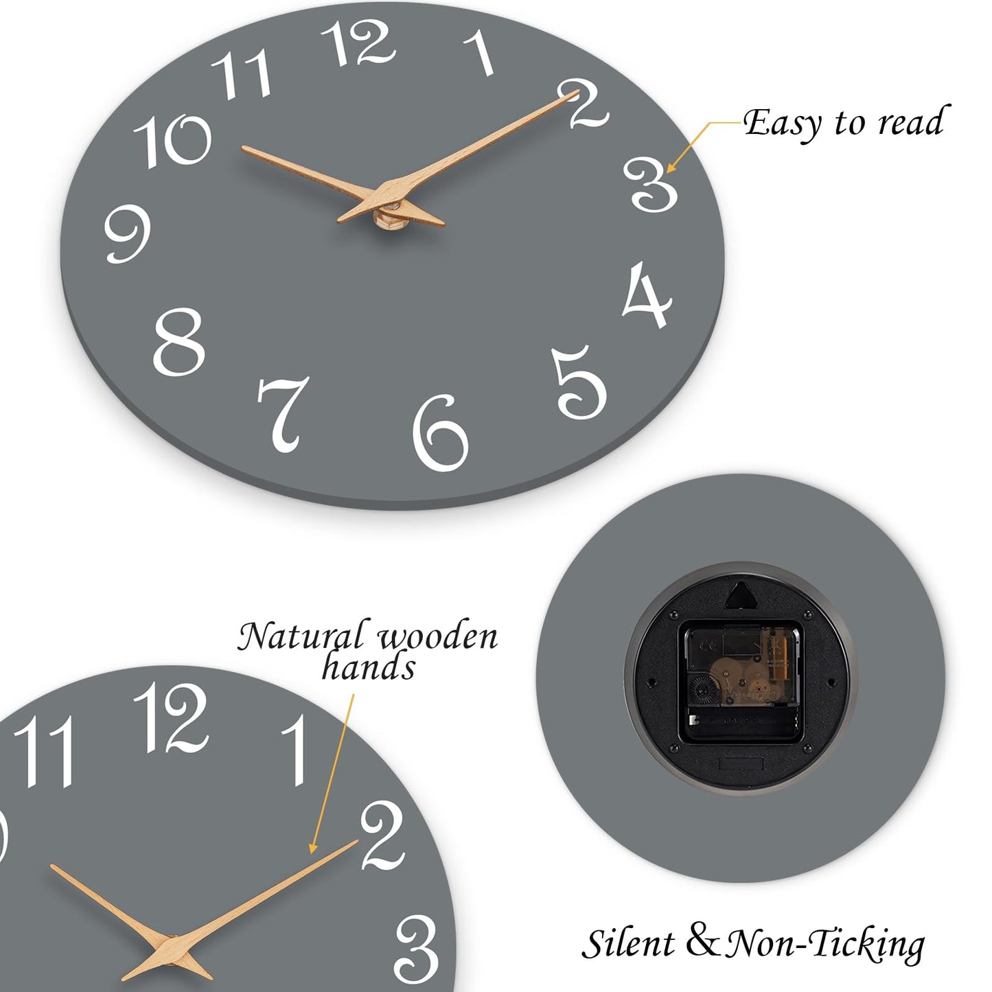 Roymnie Wall Clock 12 Inch, Modern Wall Clocks Battery Operated, Silent Non Ticking Clock Decorative for Living Room, Office, Bedroom, Home, School (Gray)