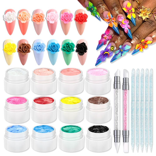 SUTOKAKA Solid Builder Nail Gel Set, 12 Colors Non-Sticky 3D Sculpting Gel for Nail Art Painting Drawing Carving Molding With Silicone Sculpture Pen for Manicure Salon Home DIY