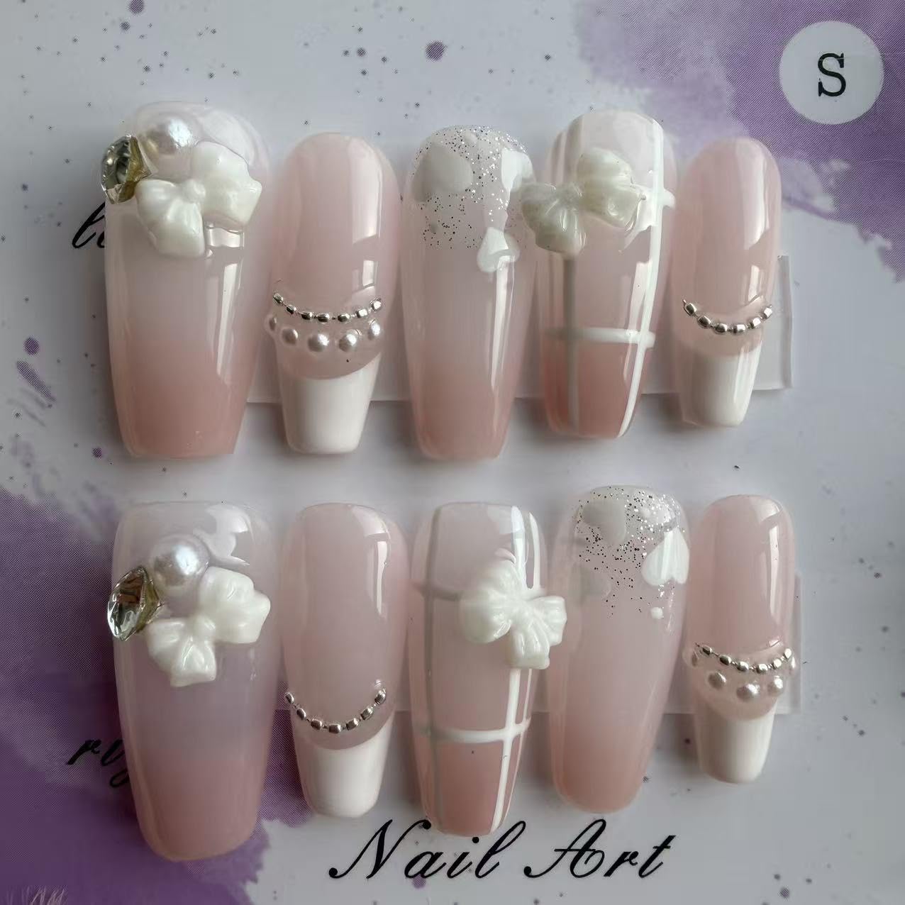 Handmade Wearing Armor Light Pink High end Style Atmosphere Bow 3D Relief Nail Patch Small Size