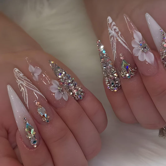 CJDLTS French Tip Press on Nails Long Length Rhinestones False Nail Flower Glitter Powder Stripes Design Full Cover Artificial Almond Stick on Nails Nude Acrylic Glue on Nail for Women Manicure 24Pcs