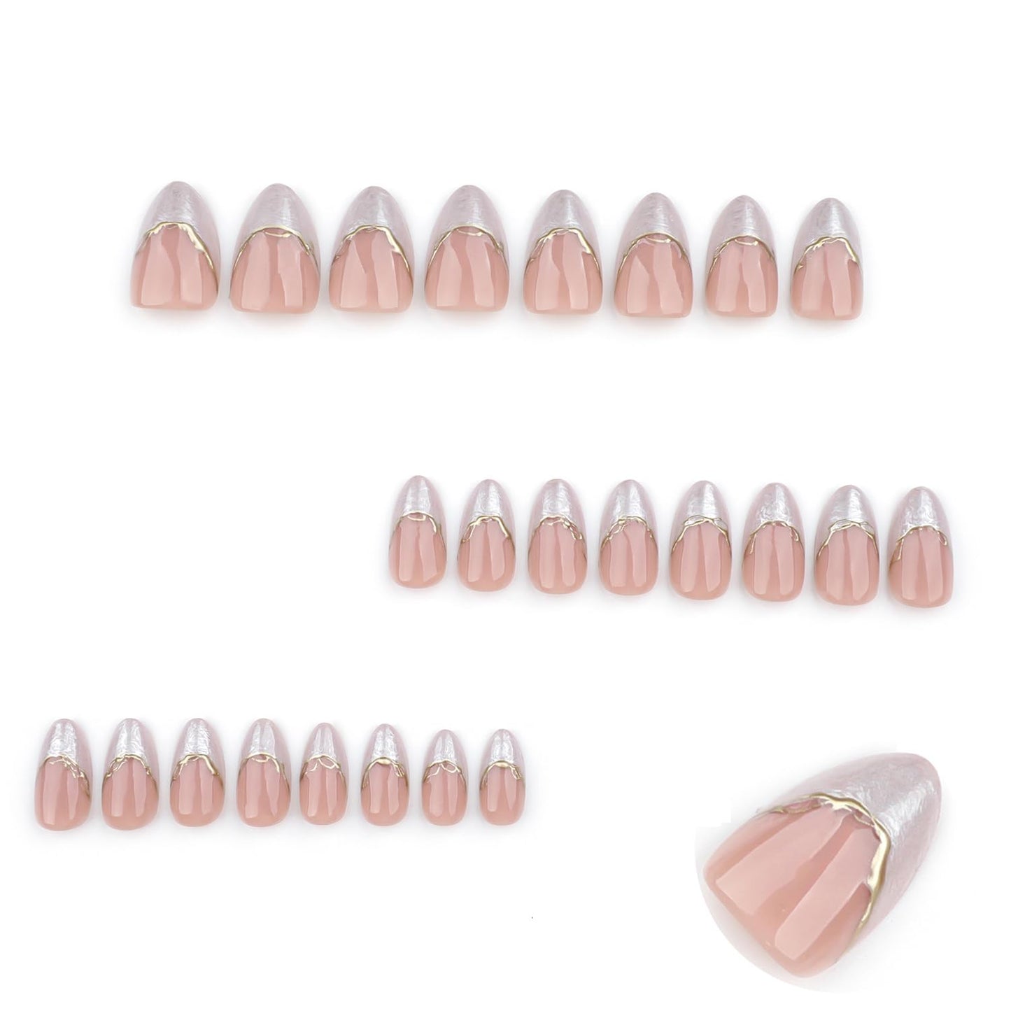 Taoyisent 3D Nude Pink Marble French Press On Nails with Gold Accent, Elegant Almond Shape Fake Nails for Women, Glossy Gradient Design, Easy to Apply, 24Pcs Nail Kit