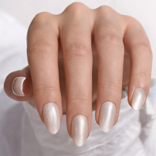 MKM Cat Eye Press On Nails Medium Almond, Iridescent Glossy Finish, Reusable Glue On Nail Kit with 24 Nails, Natural Salon Look for Women