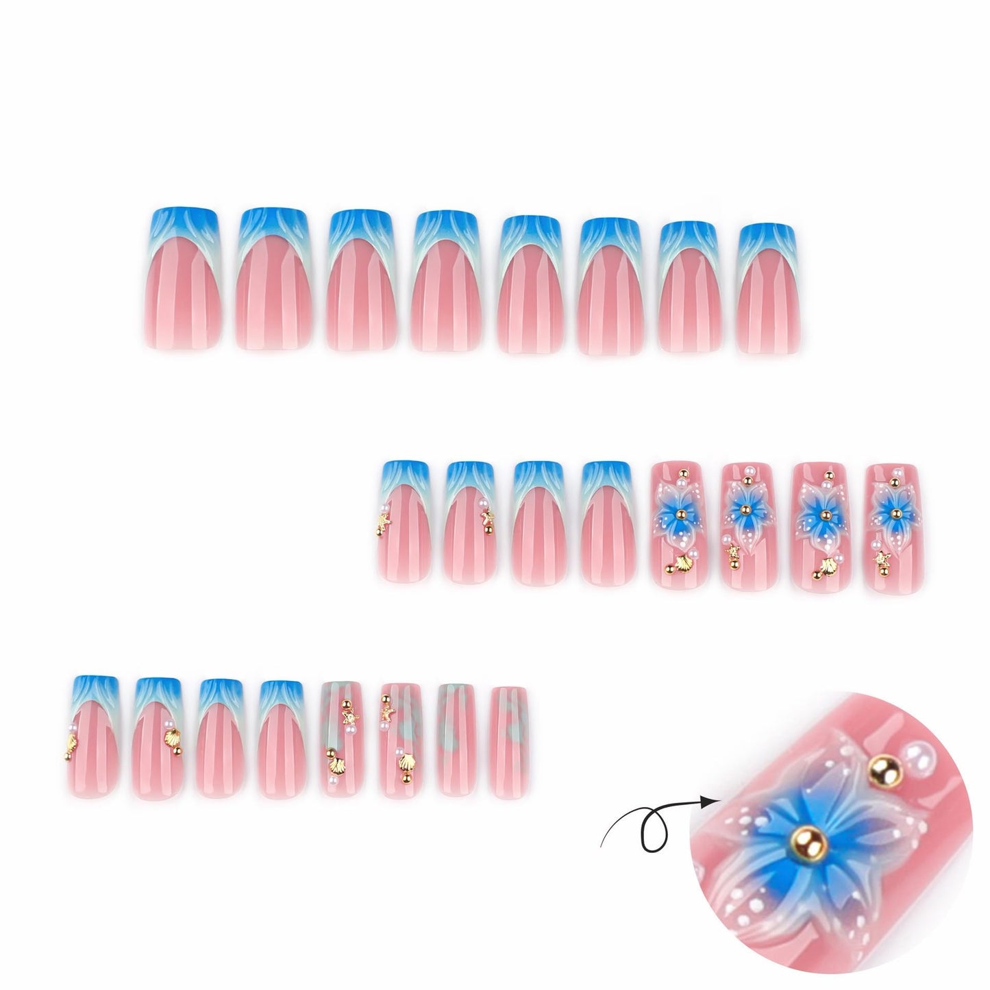 CTTHNBD Medium Press on Nails Square - Blue French Tip Fake Nails with Flower Design - Shell, Summer False Nails Press ons - for Women 24 Pcs