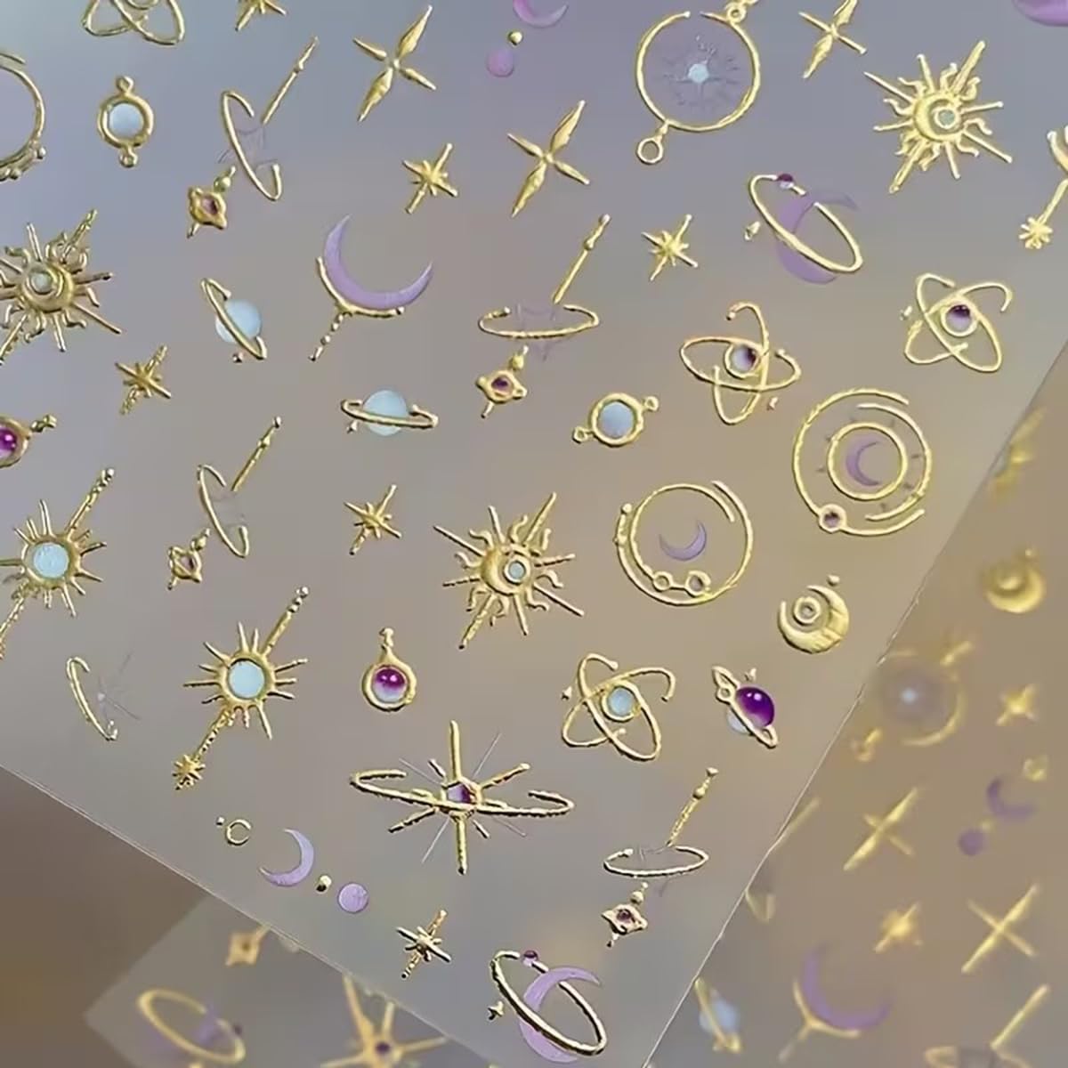 Star Moon Nail Stickers 5D Embossed Golden Planet Nail Art Decals 1PCS Purple& Golden Sun Stars Moons Planets Design 3D Self-Adhesive Nail Art Decorations Supplies Manicure Sliders for Women Girls