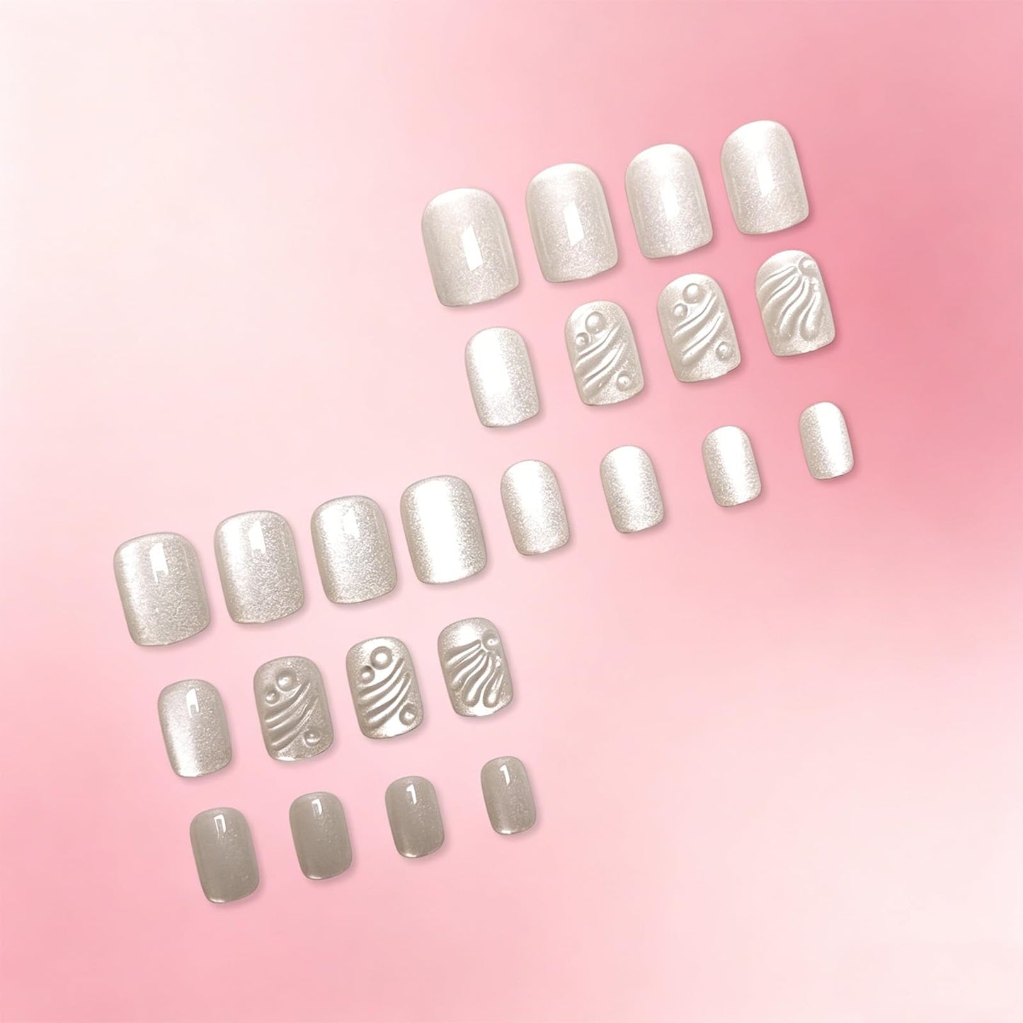 Short Square Press on Nails HZJXRT Fake Nail 3D Curve Line False Nails with Sparkly Design, Glossy White Glitter Stick on Artificial Fingernails Reusable Moon Stick on Nail for Women Daily Wear