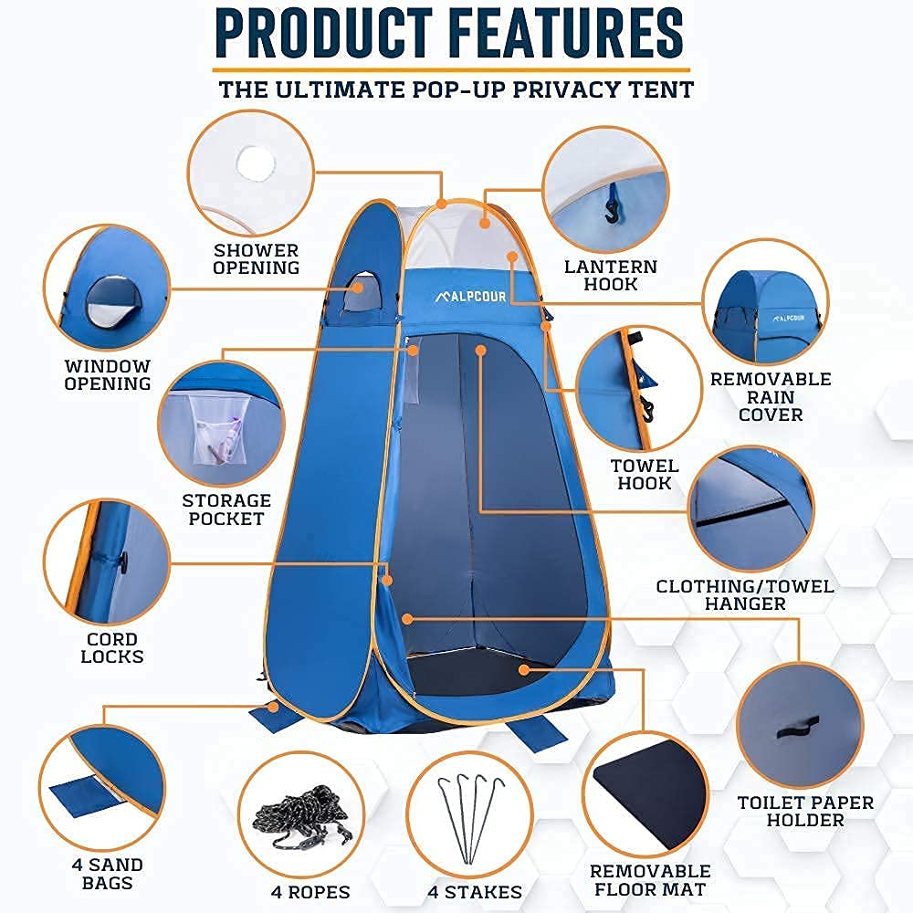 Alpcour Portable Toilet w/ Pop Up Tent - Compact Indoor & Outdoor Commode, Travel Bag for Camping, RV, Boat & More - Privacy Tent for Portable Toilet, Shower and Changing Room