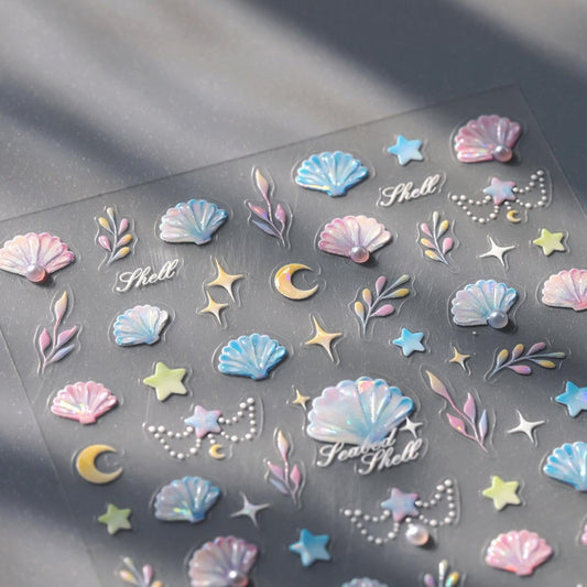 5D Embossed Seashell Nail Stickers Ocean Nail Art Stickers Self-Adhesive Summer Nail Decals Ocean Sticker for Acrylic Nails Sea Shell Nails Supplies for Women Girls Manicure DIY