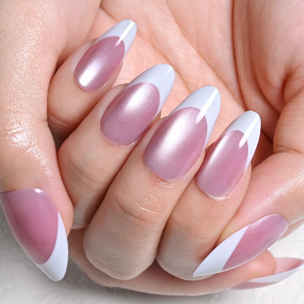 evpct Pink Cat Eye French Tip Press on Nails Almond Medium No Glue, White French Tip Medium Almond Holographic Stick on Nails for Women, Reusable Full Cover Soft Press on Nail Perfectly with Design