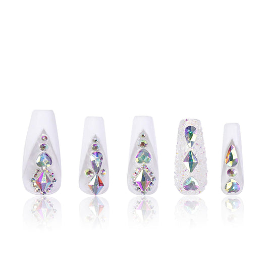 LOVFUL Press on Nails Aurora Light | Handmade with Full Covered Crystals | Reusable Fake Nails | Coffin Classic Regular 1.3 in | H36-M