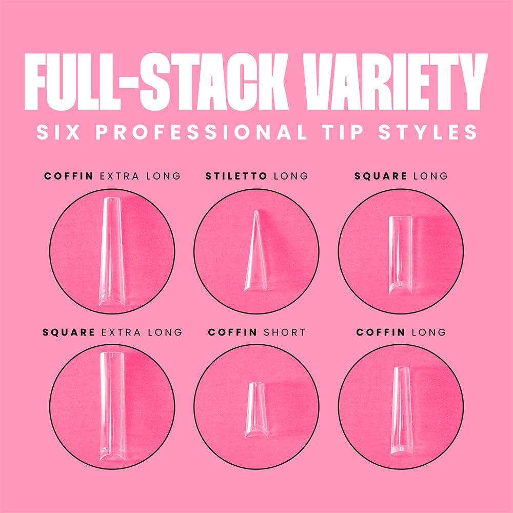 V Beauty Pure Stiletto Nail Tips - Stiletto, Long, Acrylic Nail and Gel Tips, Curved Extension, Professional Long Flexible Fake Nails with the Perfect C Curve, Half Cover and Clear - 504 pcs