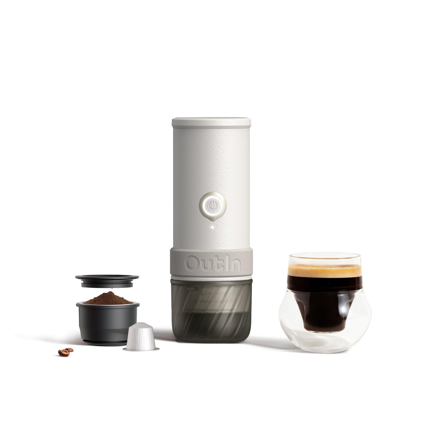 OutIn Mino with Fino, Portable Electric Espresso Machine with Portable Electric Coffee Grinder (White & Brown)