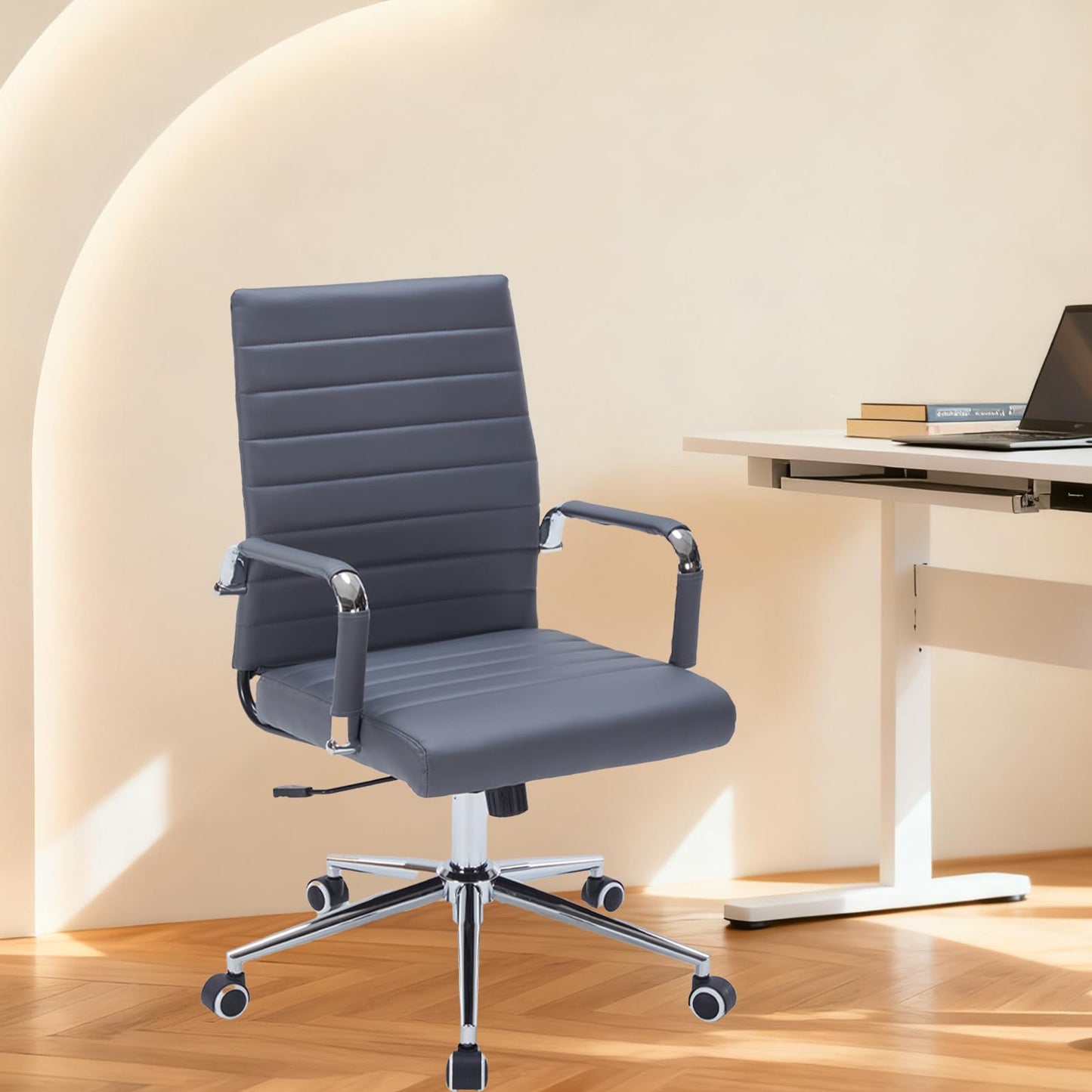 Sidanli Executive Desk Chair, Ergonomic PU Leather Conference Chair with Adjustable Lumbar Support and Rolling Wheels for Home Office Game Room, Mid Back, Gray