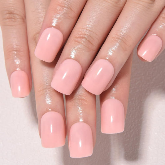 evpct Warm Pink Short Press on Nails Square, Glossy Soft Gel Acrylic Fake Press on Nails Manicure Kit, Reusable Artificial Stick on Nail for Women, Full Cover Easy Application Easy At-Home Salon