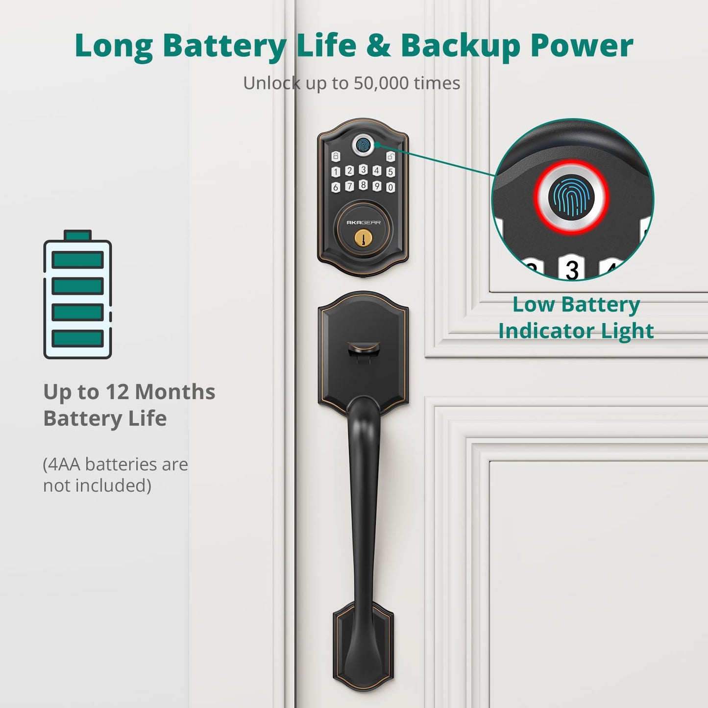 AkaGear DS10 Keyless Entry Door Lock with Handle Set - Fingerprint Deadbolt, Electronic Keypad Deadbolt, Smart Locks for Front Door, Auto-Lock & One Touch Locking - Oil Rubbed Bronze