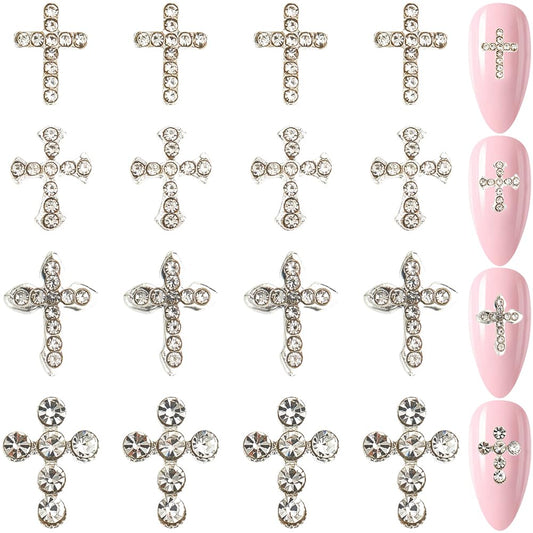 CRASPIRE 80Pcs Cross Nail Charms 3D Y2K 4 Styles Luxury Nail Gems Set Metal Alloy Rhinestone Flat Gothic Vintage Punk Studs Decor for Women Nail Art Crafts DIY Jewelry Christmas Decorations Cellphone
