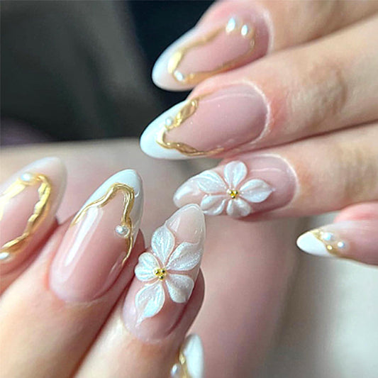 24Pcs White Flower Press on Nails Medium-Length Almond French Tip Fake Nails 3D Chrome Gold False Nails Gilded Line Gel Stick on Nails Nude Glossy Full Cover Cute Floral Acrylic Glue on Nail for Women
