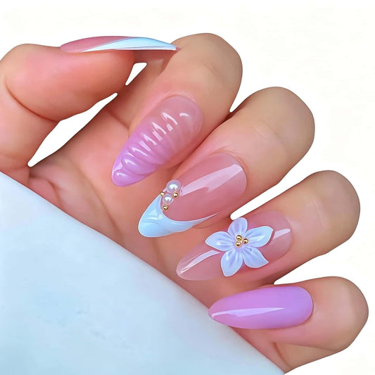 French Medium Almond Press on Nails Pink Droplet Waves Design 3D Flower Fake Nails Full Cover Glue on Nails Removable Stick on Nails for Women 24 Pcs Artificial Nails